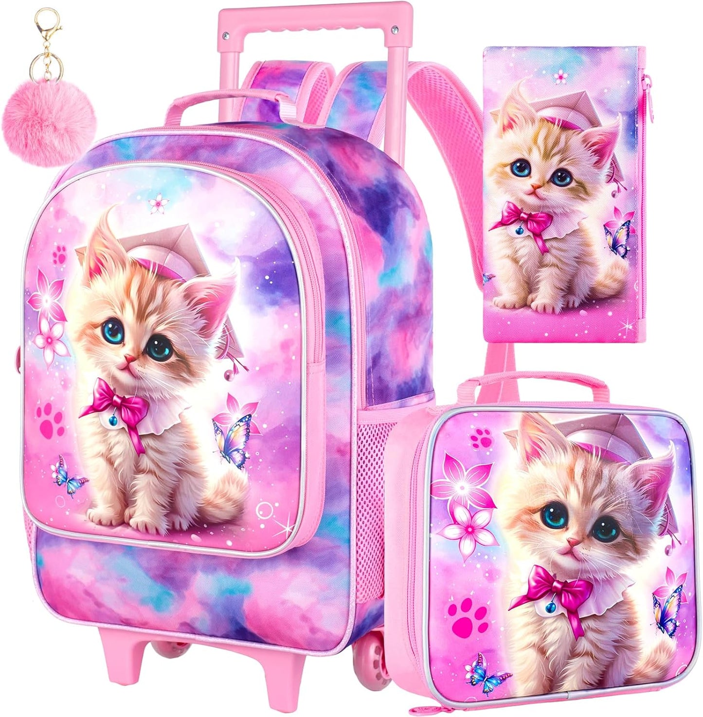 3PCS Rolling Backpack for Girls and Boys, Kids Roller Wheels Bookbag, Wheeled Elementary School Bag with Lunch Bag