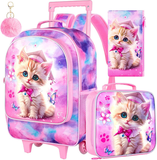 3PCS Rolling Backpack for Girls and Boys, Kids Roller Wheels Bookbag, Wheeled Elementary School Bag with Lunch Bag