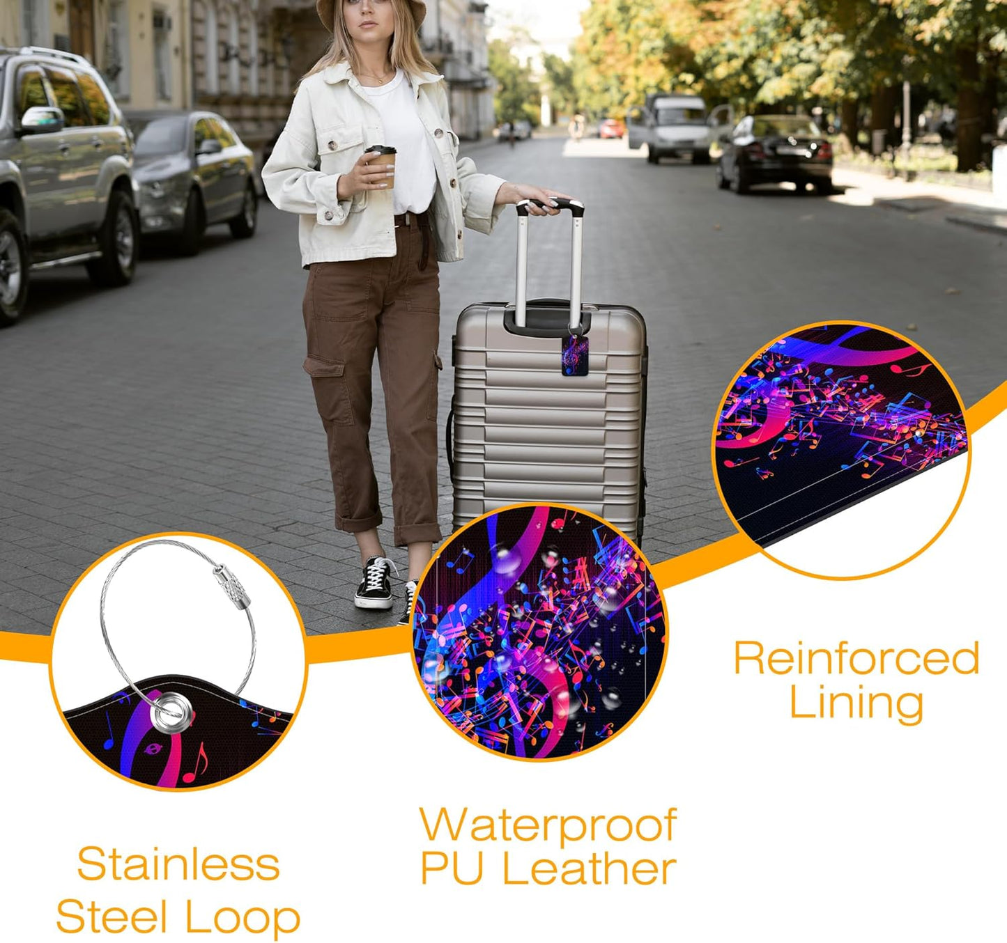 3 Pack PU Luggage Tags for Suitcase, Colorful Music Notes Suitcase Tag Leather Privacy Cover ID Label with Stainless Steel Loop for Baggage Handbag School Bag Backpack