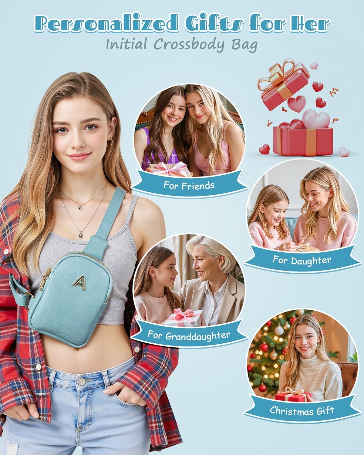 Flower Girl Gifts, Cute Initial Fanny Pack Sling Bag for 4 5 6 7 8 Year Old Girls, Gifts for Preteen Teens, Handsfree Lightweight Travel Phone Purses, Personalized Gift for Multi Occasion