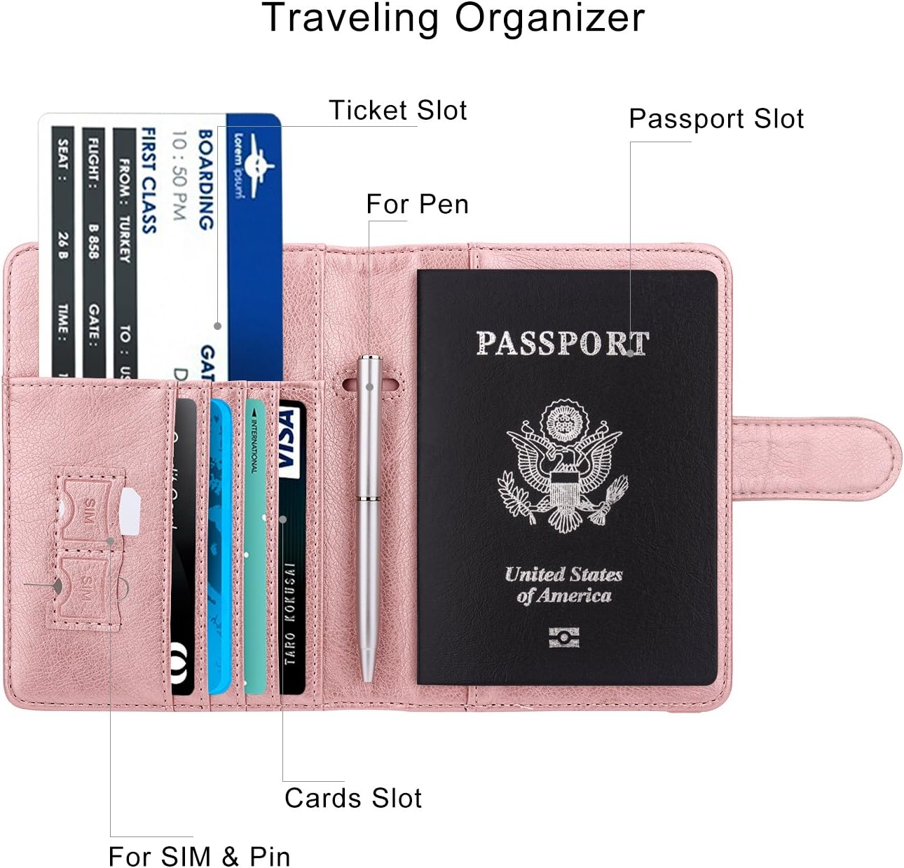 WALNEW Passport Holder for Travel, RFID Passport Cover Wallet for Women Men, PU Leather Passport Book Card Holder Case with Pen, Travelling Essentials for Flying