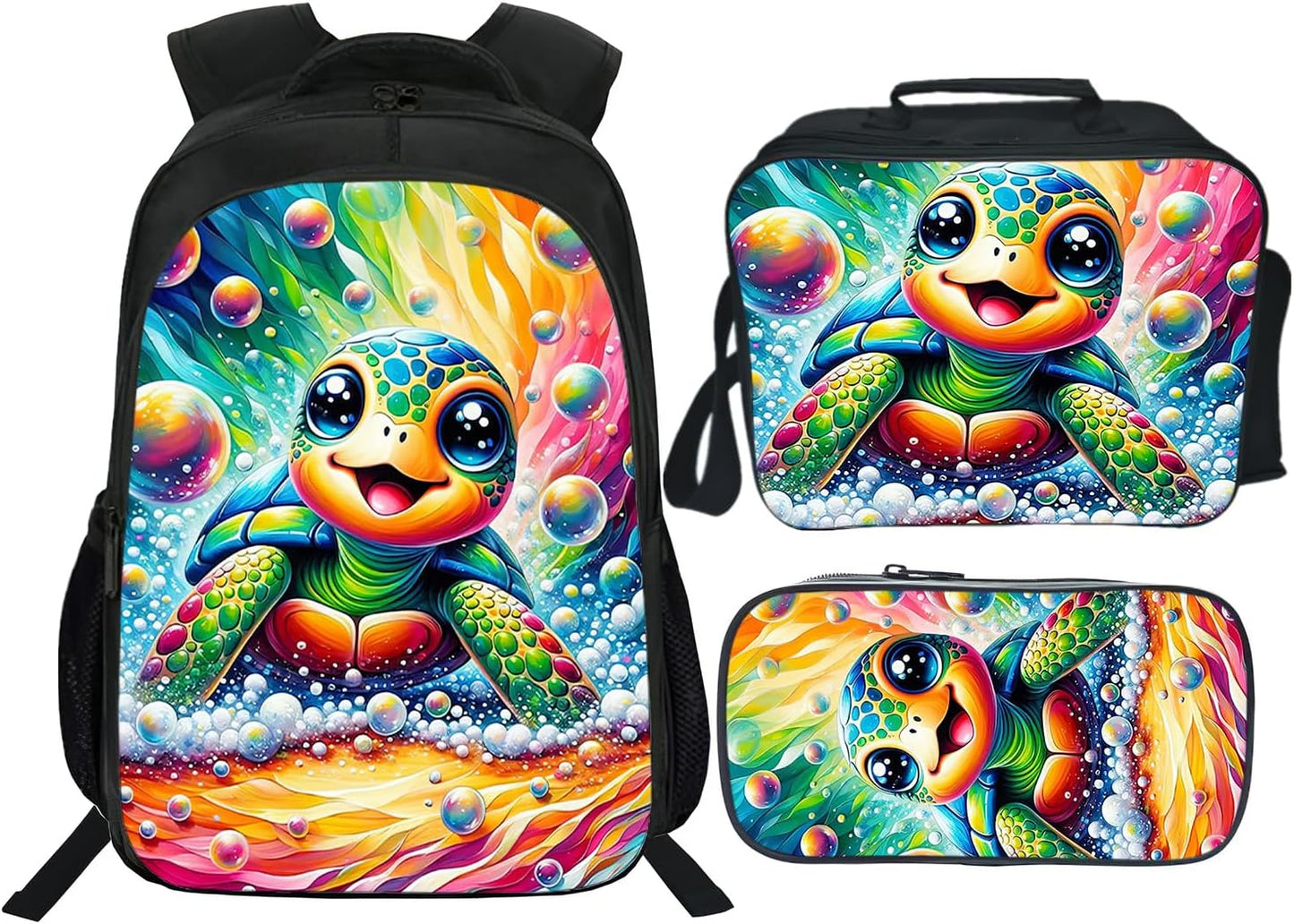 Turtle Backpack Kids Bookbag 16inch Schoolbag With Lunch Box Bag And Pencil Case Set For Boys Girls