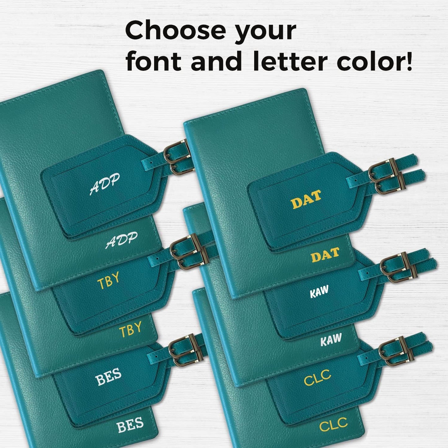 Personalized Monogrammed Teal Leather RFID Passport Wallet and 2 Luggage Tags