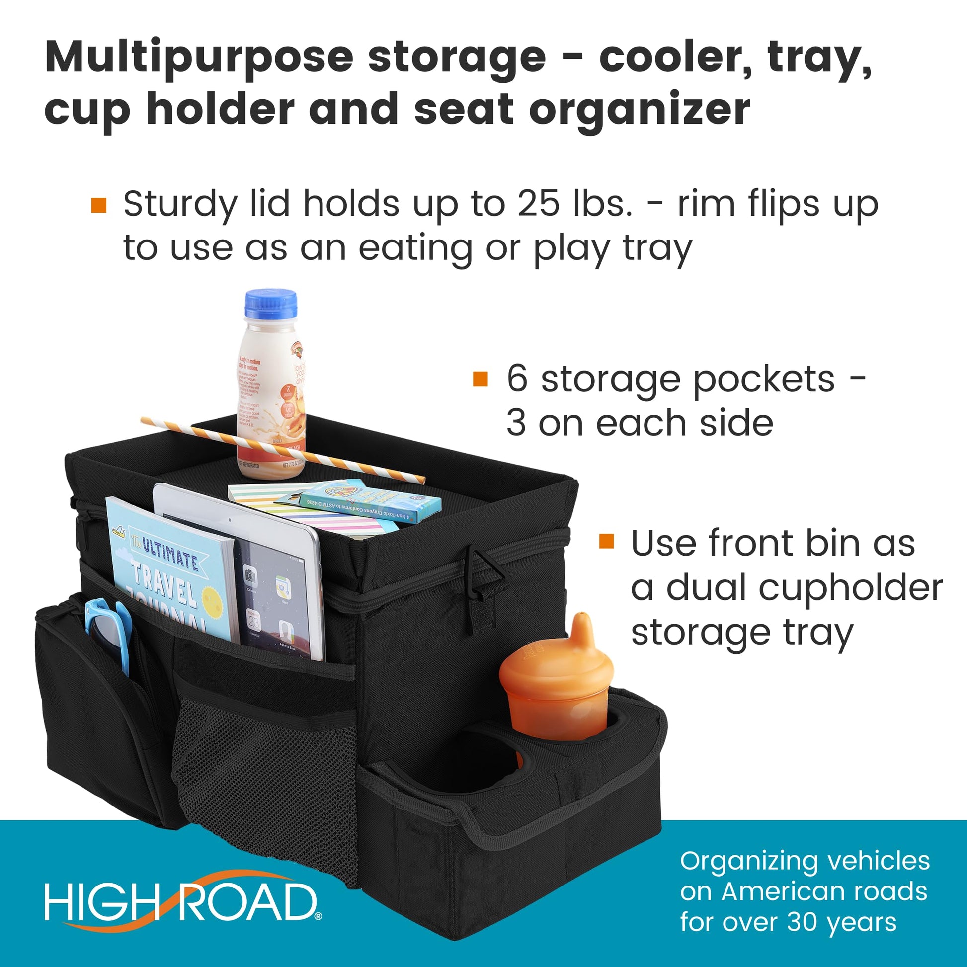 CarHop Car Organizer, Car Snack Organizer with Cup Holder, Tray and Cooler