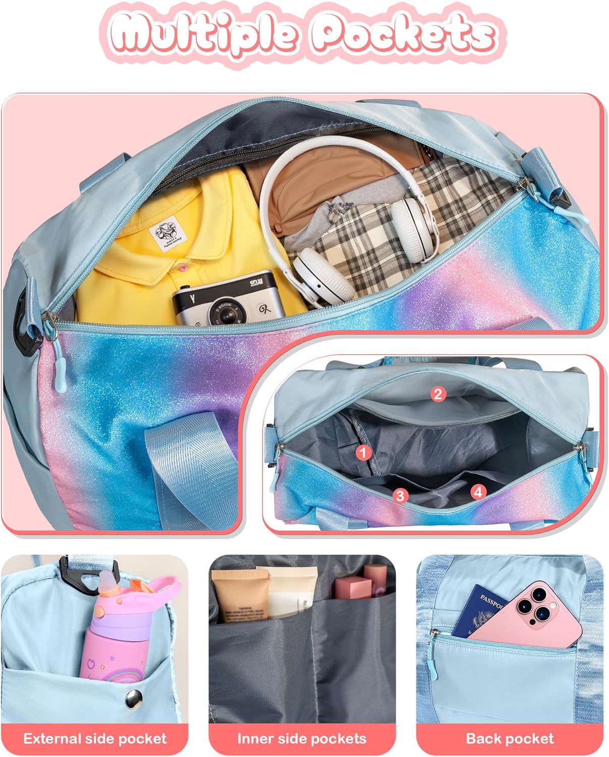 Girls Day Gifts for Kids-Girl Gym Bag with Shoe Compartment, Kid Personalized Weekender Overnight