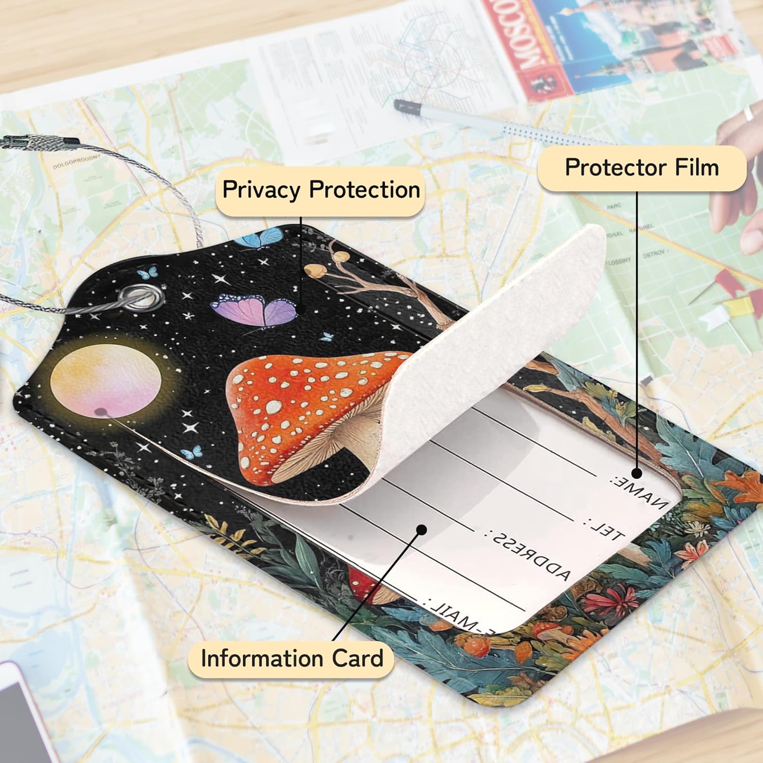3 PCS Mushroom Luggage Tags,Colorful Butterfly Moon Star Suitcase Tags Privacy Cover ID Label with