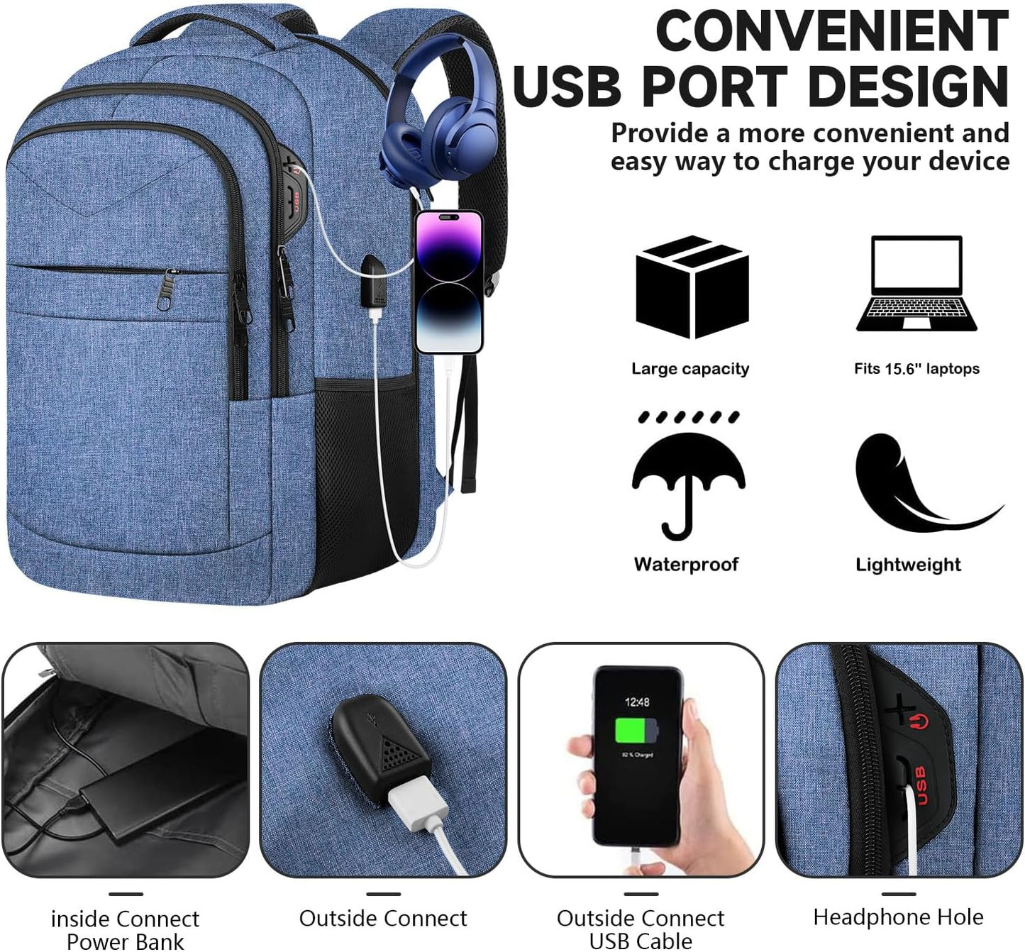 Lapsouno Travel Laptop Backpack, Travel Backpack, TSA Laptop Backpack, 15.6 inch Bag with USB Port, TSA Friendly Water Resistant College School Business Computer Bag Backpack Men Women, Blue
