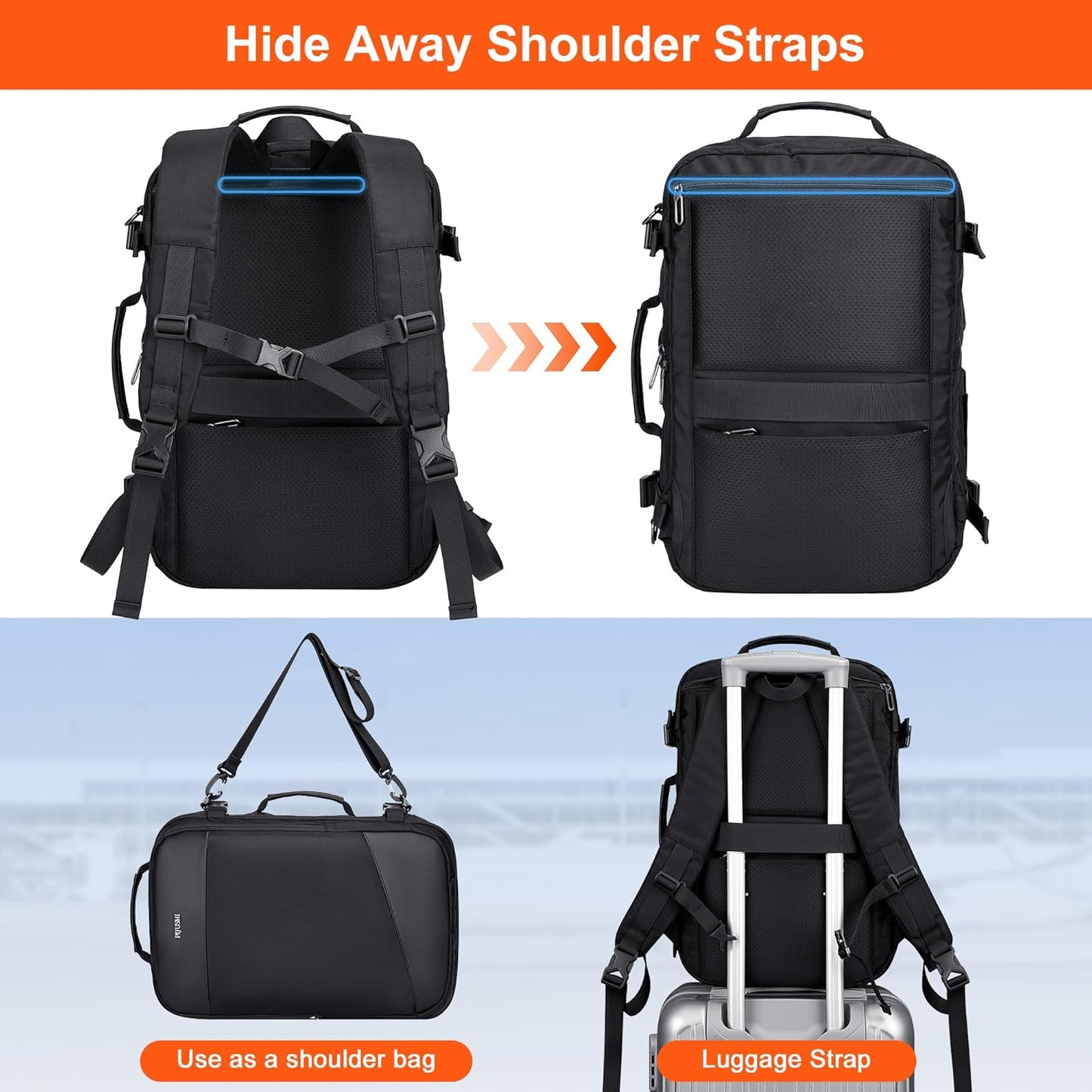 PIJUSHI Travel Backpack for Women Men Carry on Suitcase Backpack Flight Approved Personal Item Bag Fits 16 Inch Laptop(PE035 Black)
