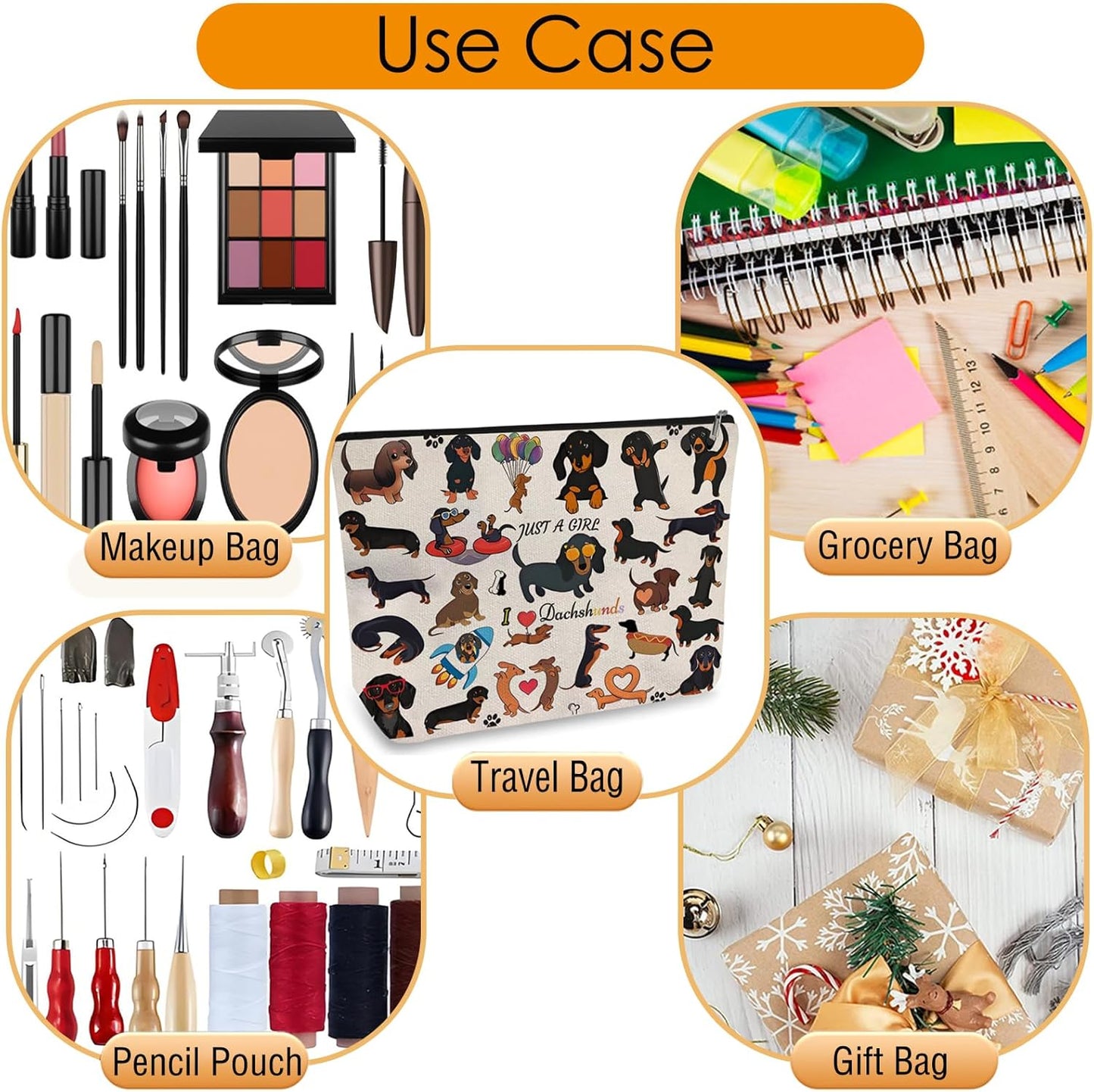 DOOX Dachshund Makeup Bags with Lining, Funny Cosmetic Bags Pencil Pouch - Double-Sided Print - Cute Birthday & Christmas Dachshund Gifts for Daughter, Sister, Women