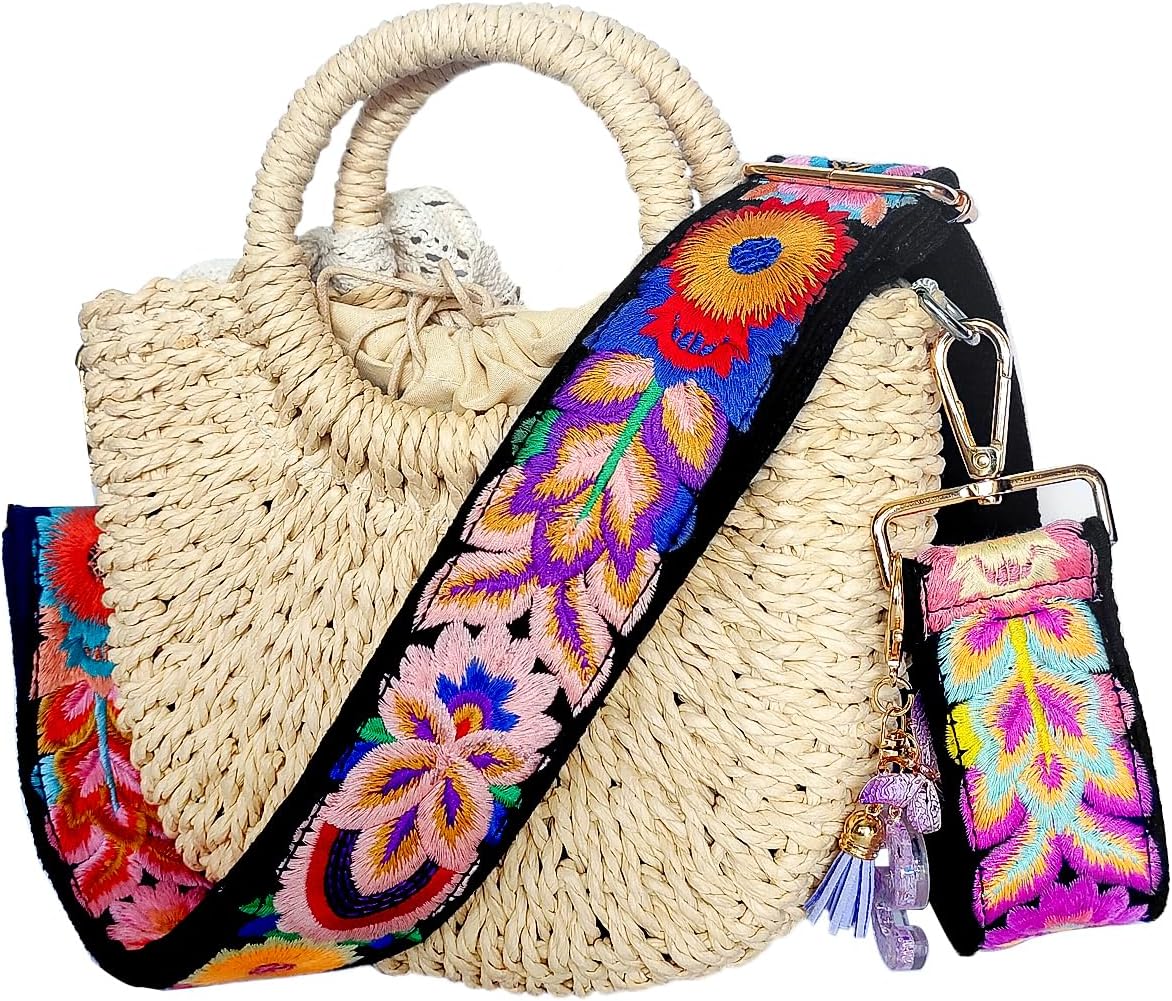 Embroidery Flower Purse Strap Replacement Crossbody 2 Inch Wide with Letter S Keychain for Women's Handbags
