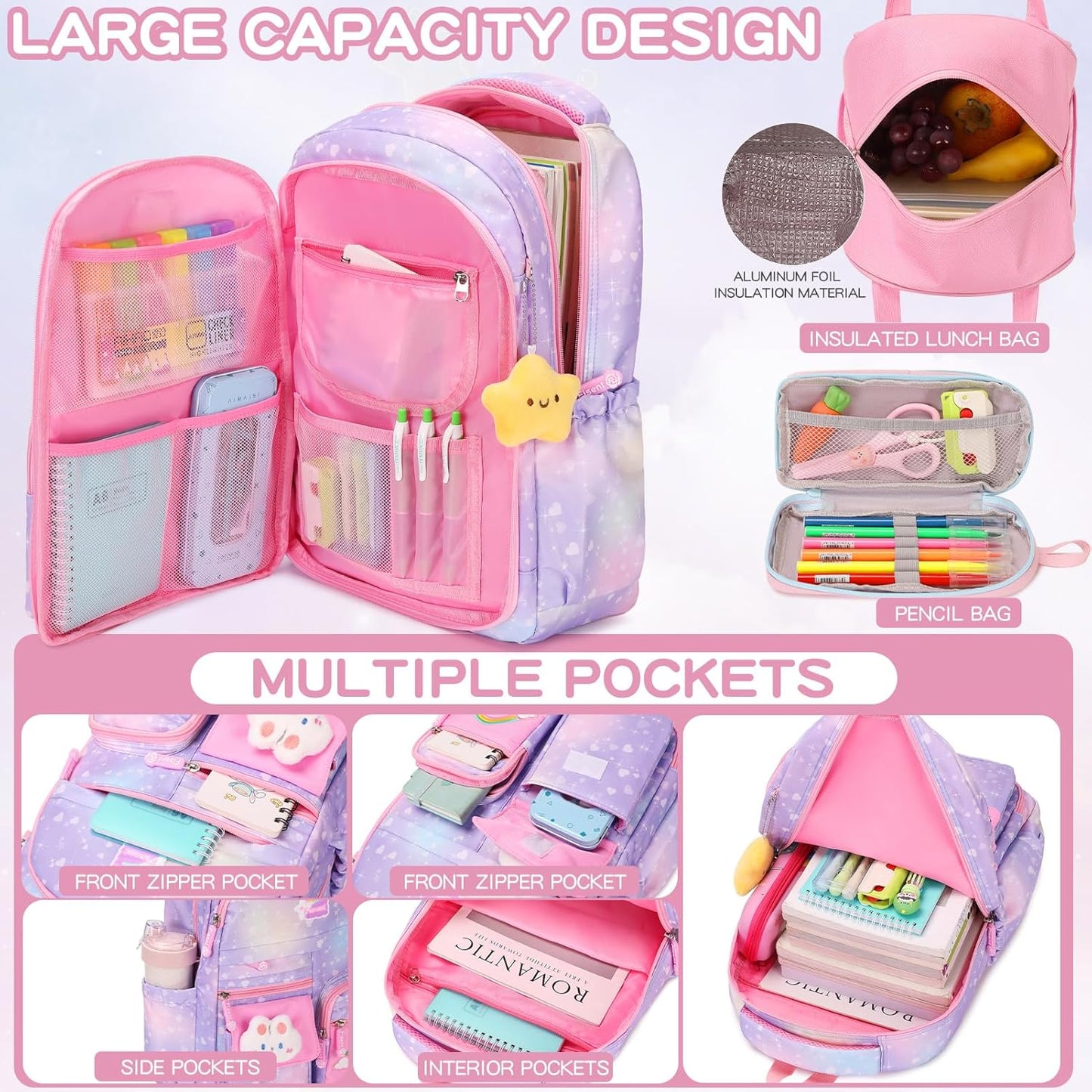 3PCS Kids Backpack for Girls, Girls Backpack Set,Cute Bunny Rainbow School Backpack with Lunch Box Pencil Case 16.5in