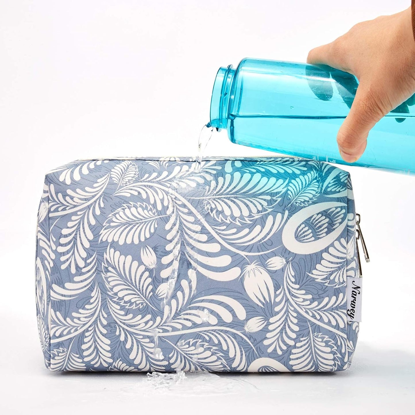 Narwey Cute Makeup Bag Travel Cosmetic Bag Organizer Toiletry Bag Make Up Bags with Compartments for Women Girls (Large, Blue Leaf)