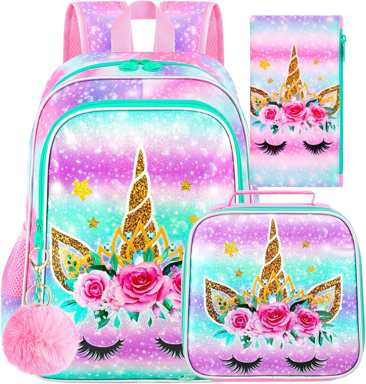 CCJPX 3PCS Unicorn Backpack for Girls, 16”Kids Bookbag with Lunch Box, Cute Water Resistant