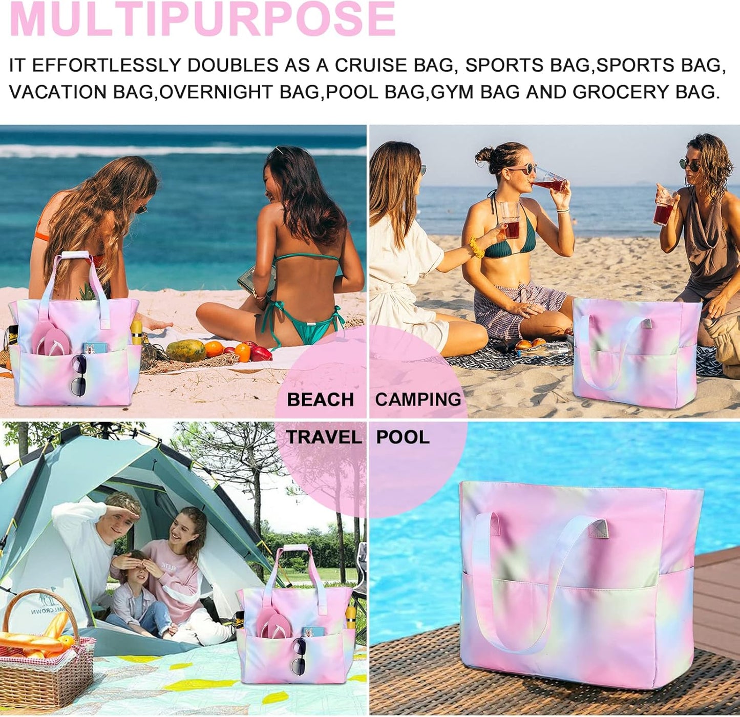 Beach Pool Bags Tote for Women Ladies Large Gym Tote Carry On Bag With Wet Compartment for