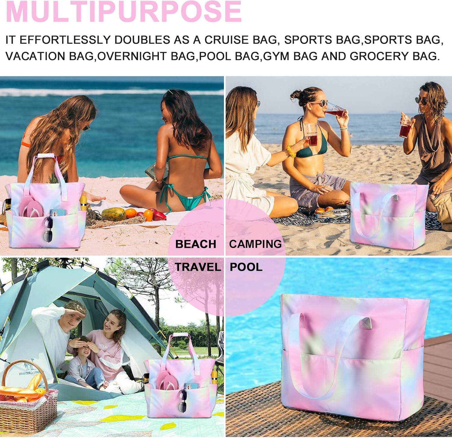Beach Pool Bags Tote for Women Ladies Large Gym Tote Carry On Bag With Wet Compartment for