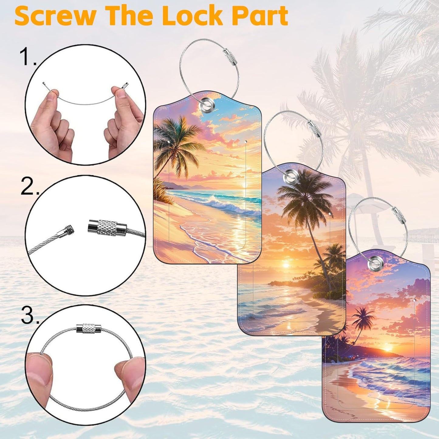 3 Pack PU Luggage Tags for Suitcase, Palm Trees Beach at Sunset Suitcase Tag Leather Privacy Cover ID Label with Stainless Steel Loop for Baggage Handbag School Bag Backpack