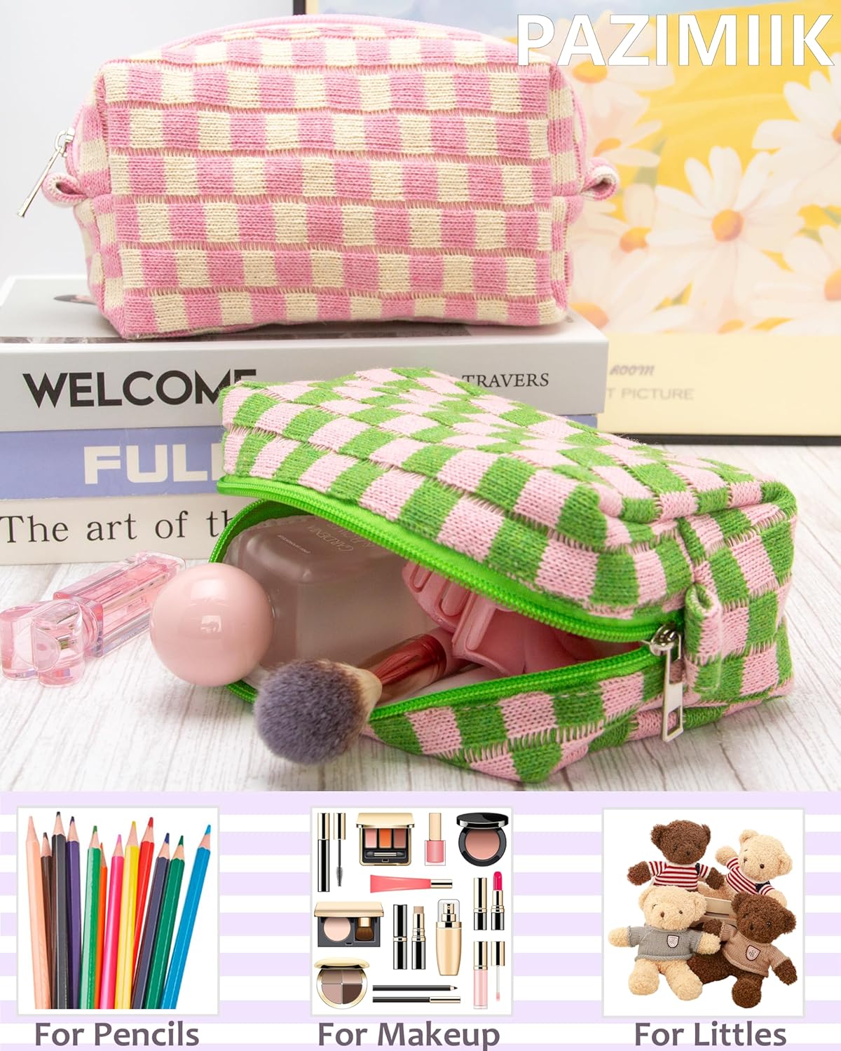 PAZIMIIK Checkered Makeup Bag for Purse Portable Zipper Make Up Pouch Small Cosmetic Case for Travel Accessories Pink Green