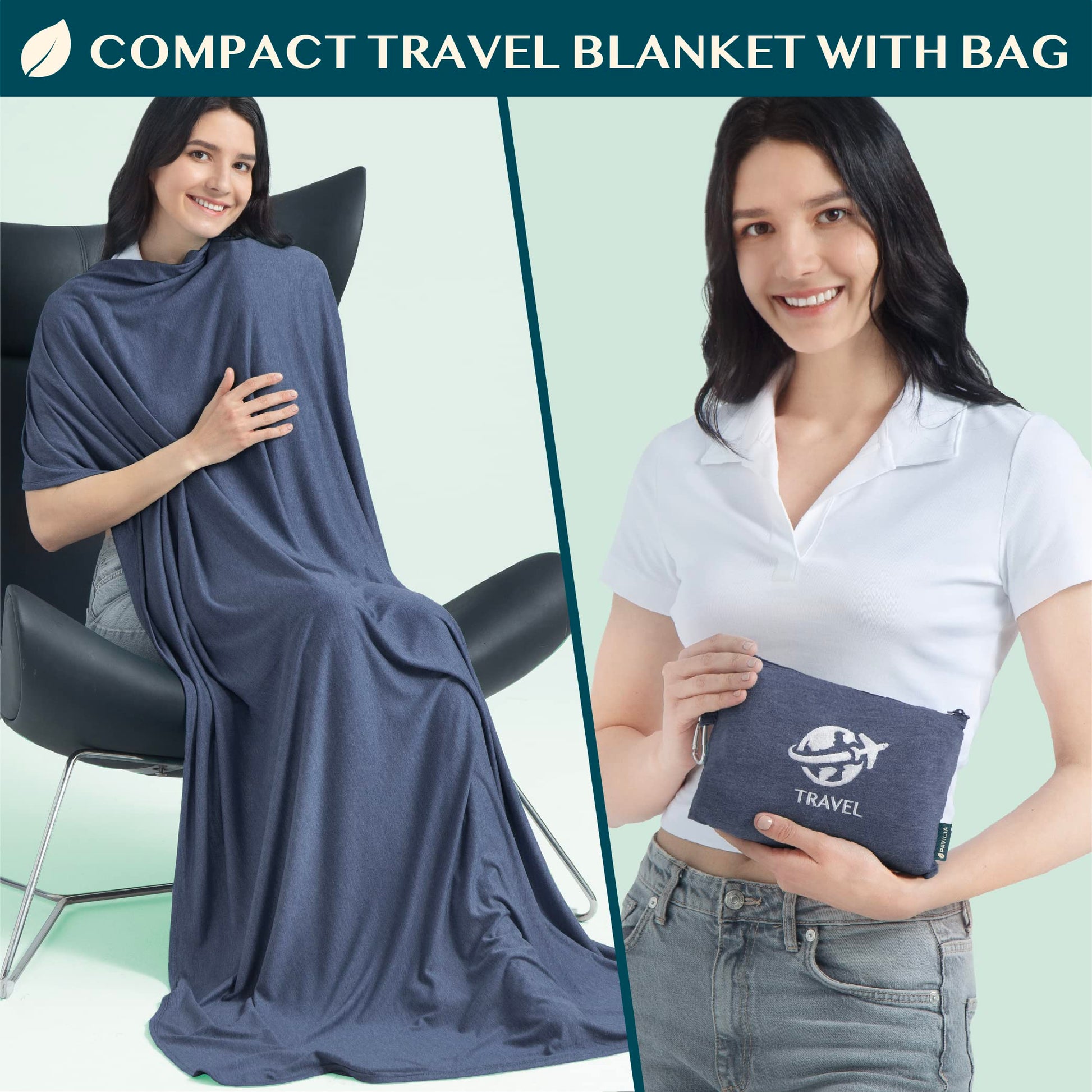 PAVILIA Travel Blanket Compact, Airplane Packable Bag, Soft Fleece Portable Throw Pillow Combo Set