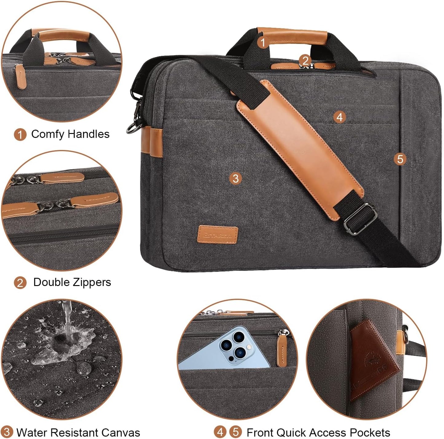 ESTARER Laptop Computer Bag for Men 3 In 1, 17-17.3 Inch Laptop Messenger Bag for Business/Work/Travel, Convertible Backpack Briefcase Water resistant Canvas Laptop Backpack (Grey)