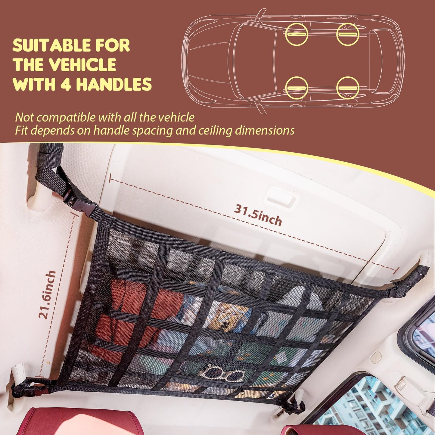 Kaskawise Upgrade Car Ceiling Cargo Net Pocket,31.5"x21.6" Double-Layer Roof Storage
