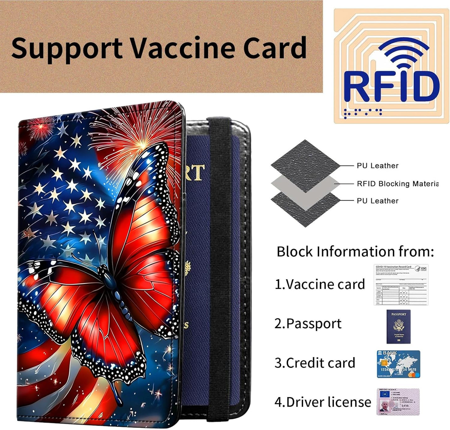 Passport and Vaccine Card Holder Cover Combo,Travel Passport Holder Wallet with RFID Blocking, Leather Vaccine Card Slot Passport Cover Case for Women & Men,Butterfly American Flag
