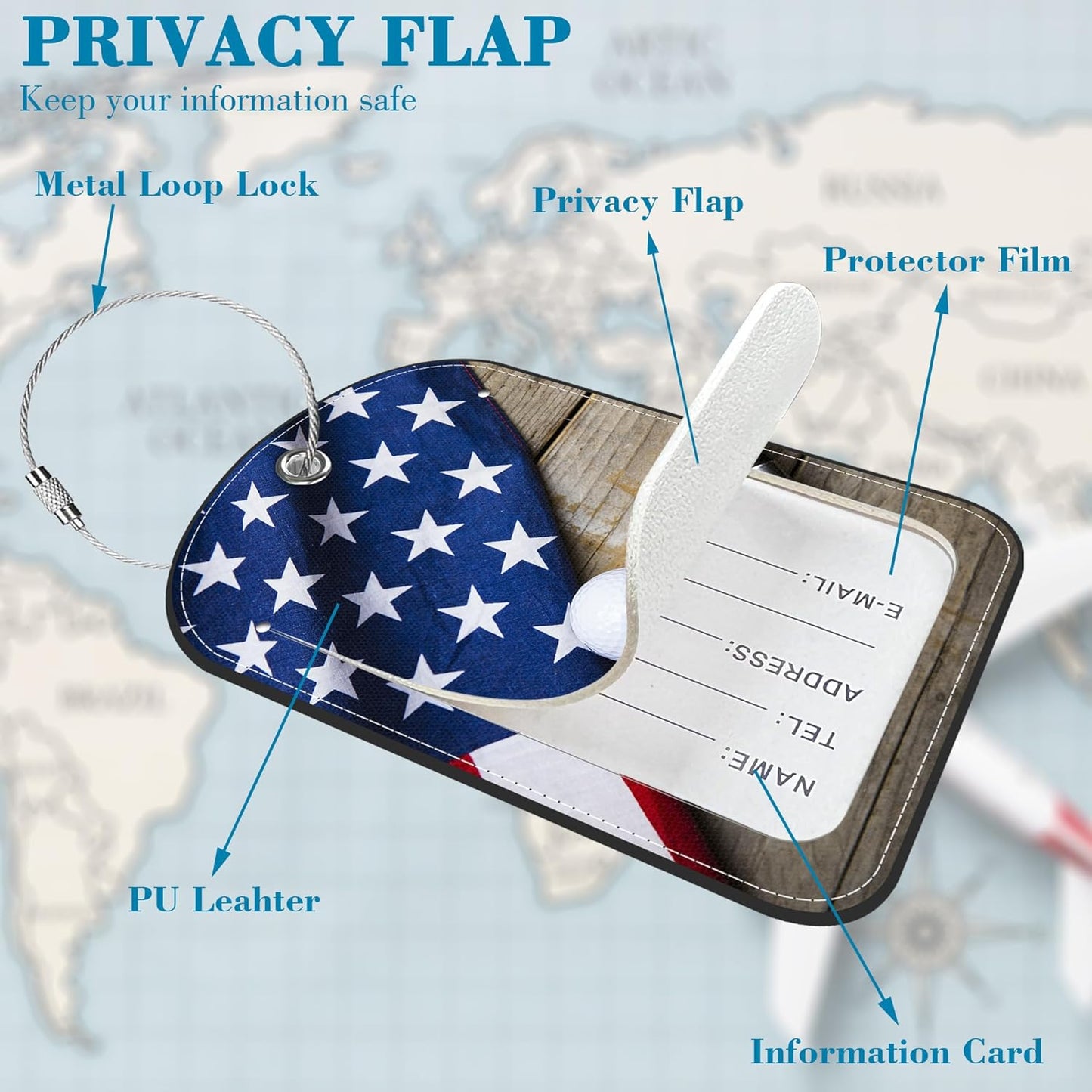 2 Pack Luggage Tag for Suitcase Flag Golf Leather Suitcase Tags with Privacy Name ID Label and Stainless Steel Loop for Travel Bag