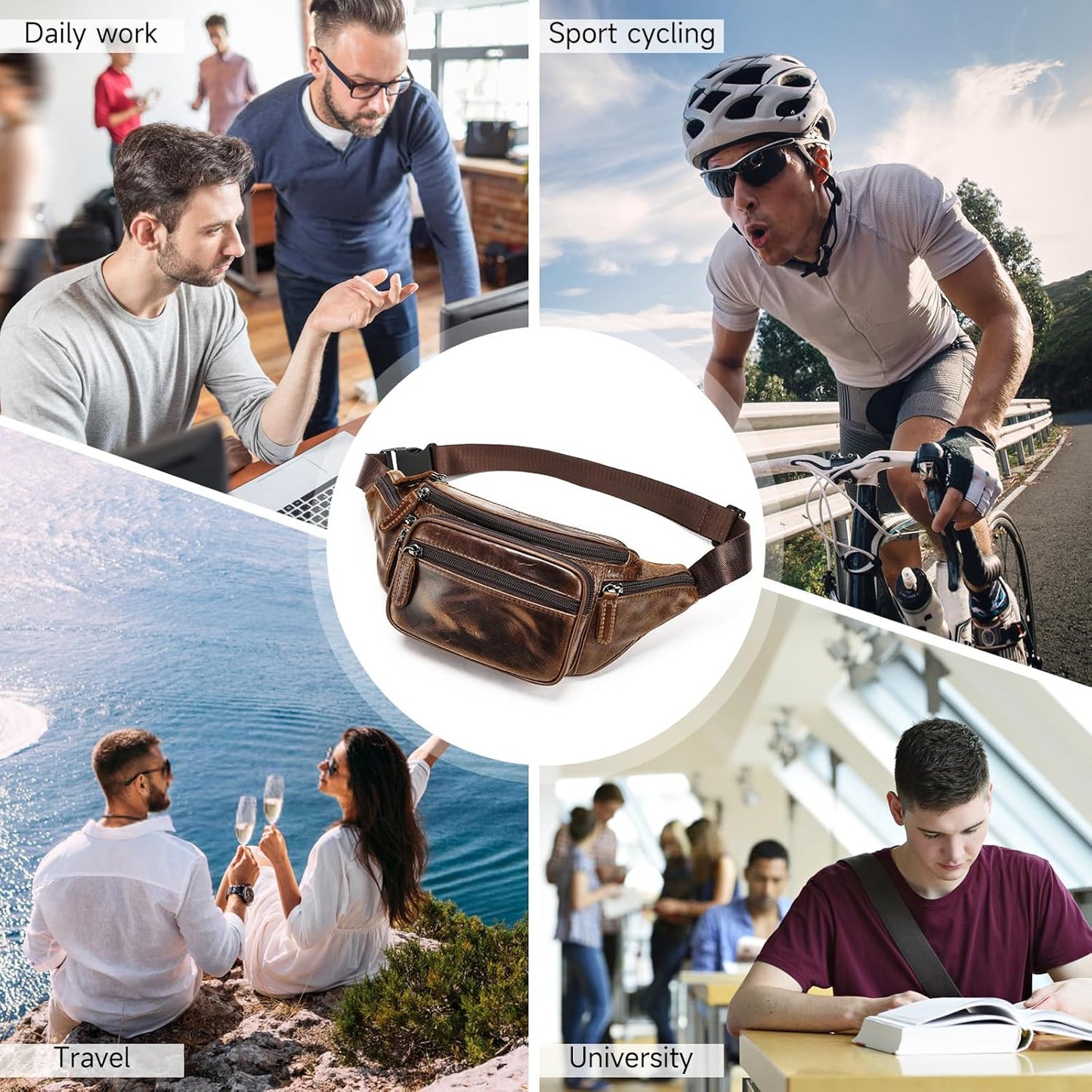 Genuine Leather Fanny Pack for Men Belt Bag Women Waist Purse Small Hiking Running Waist Pack for Phone Bum Hip Bags Shoulder Crossbody Bags