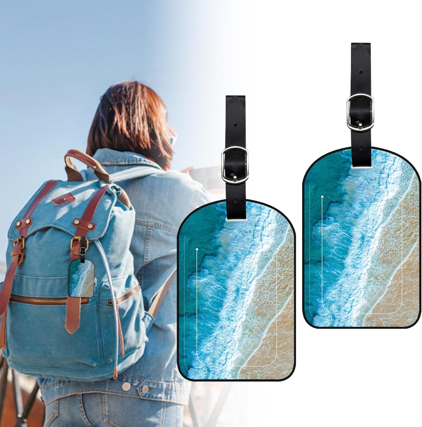 2 Pack Luggage Tags Wave on Beach PU Leather Baggage Handbag Suitcase Tags with Secure Strap Privacy Cover ID Labels,Business Travel Baggage Tag Identifier