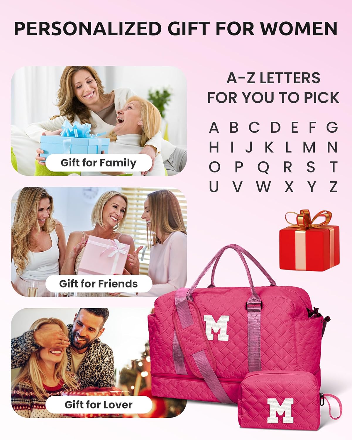 Bags for Girls, Birthday Gift-Initial Travel Bag with Shoe Compartment, Personalized Weekender Bag, Monogram Overnight Bag for Women, Letter Travel Bag with Makeup Bag (Letter E)