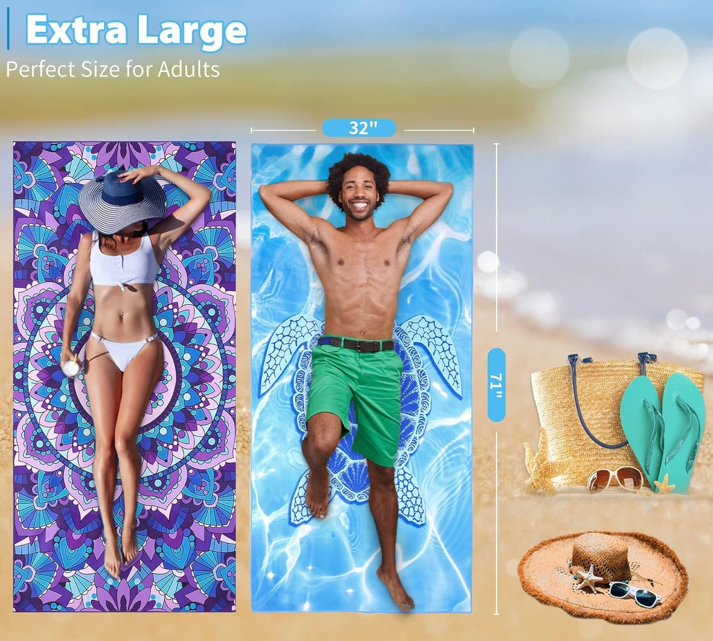 2 Pack Microfiber Oversized Lightweight Beach Towel 71"x32" XL Extra Large Thin Sand Free Towels