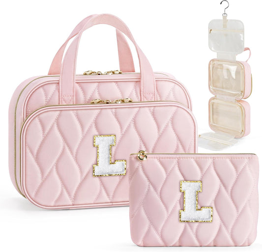 YOOLIFE Toiletry Bag Initial Makeup Bag for Women - Birthday Gifts for Women Teen Girl Gifts Trendy Stuff - Letter L Pink
