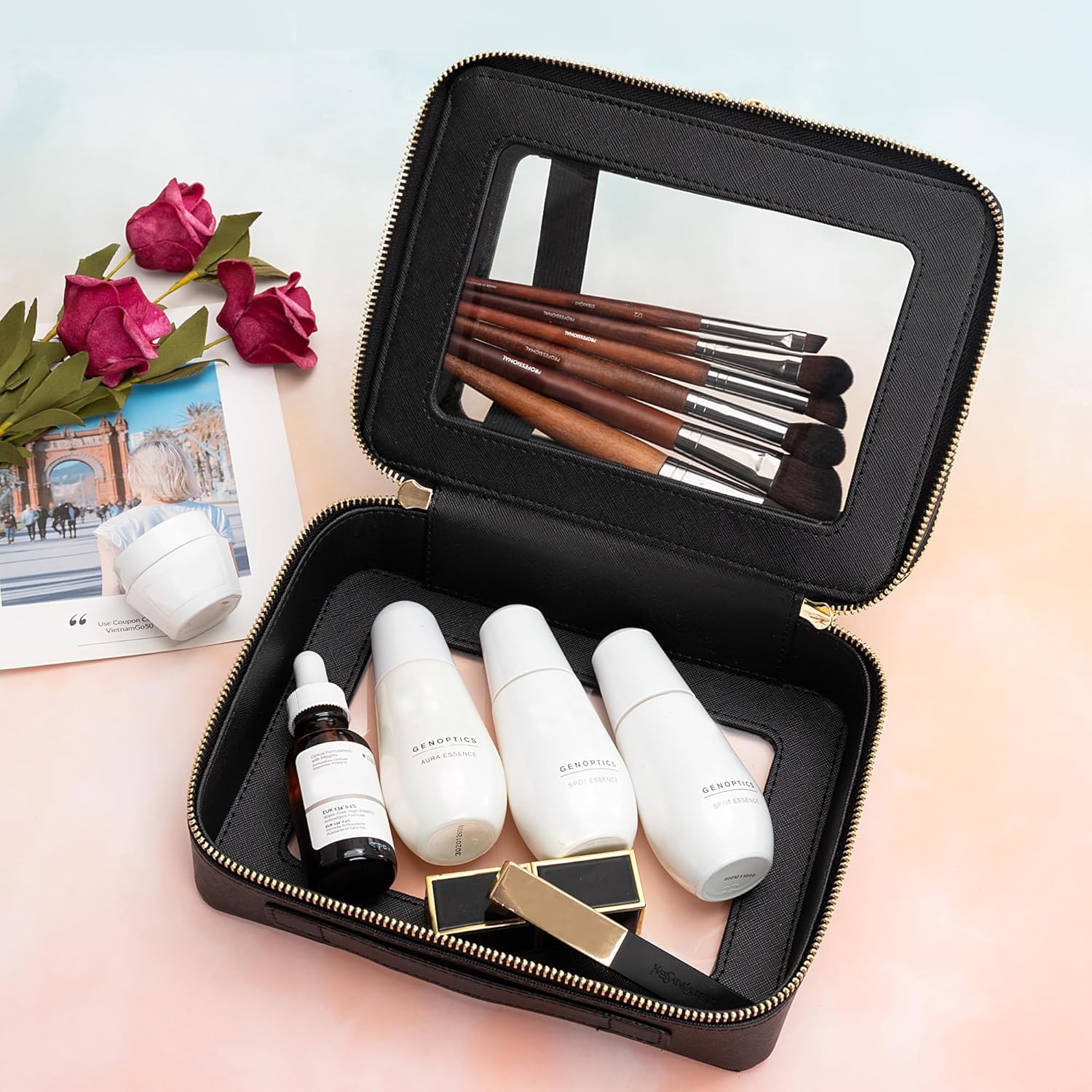 Aveniee Clear Makeup Bags,Double Layer Cosmetic Bags with Separate Brush Compartment,Large Travel