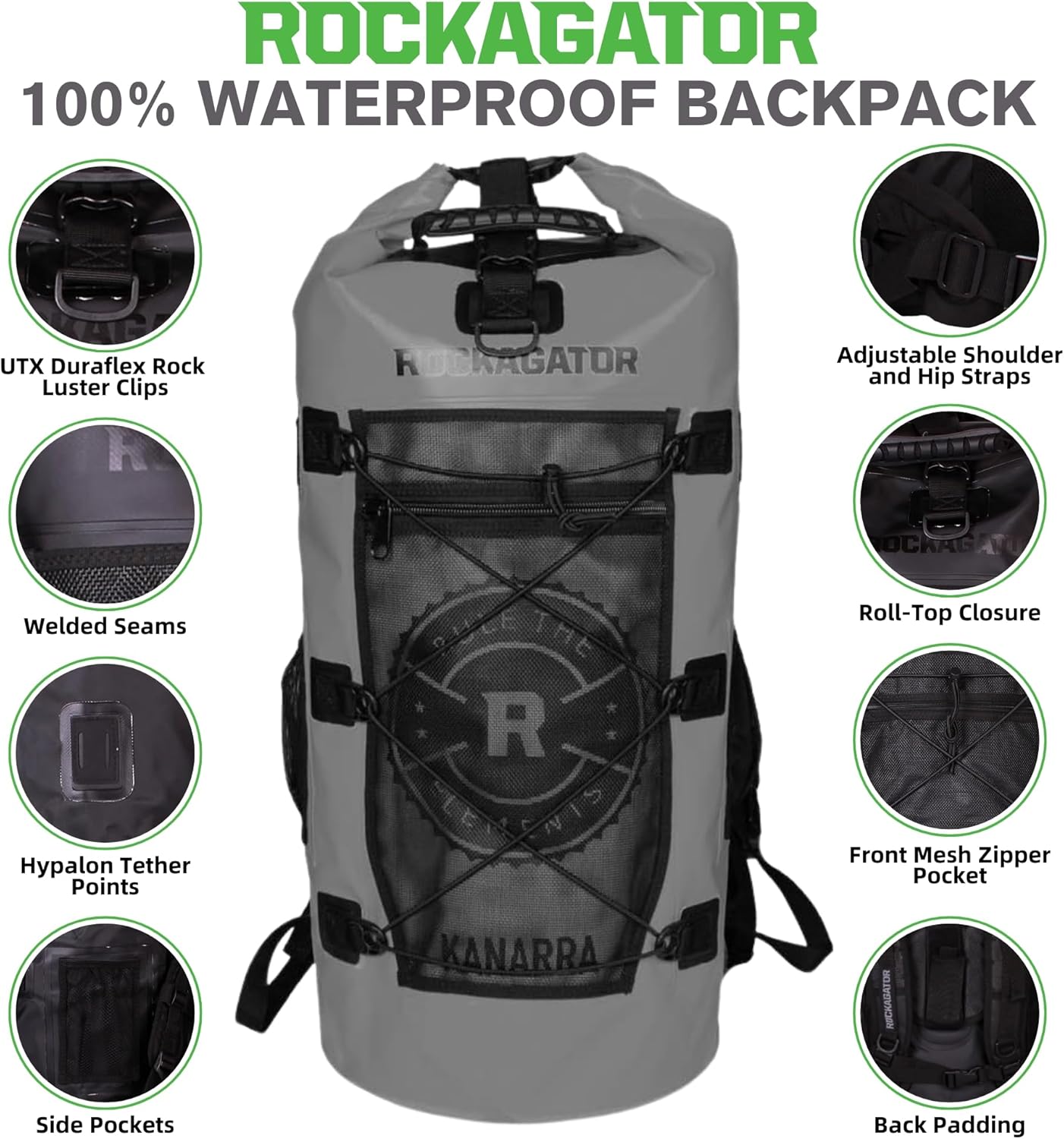 Rockagator Kanarra 90L Waterproof Backpack for Camping, Hiking, Mountaineering, Backpacking, Hunting, Fishing, Canoeing, Outdoor Activities, The Wet Outdoors - Large Capacity, Roll Top Closure, Gray