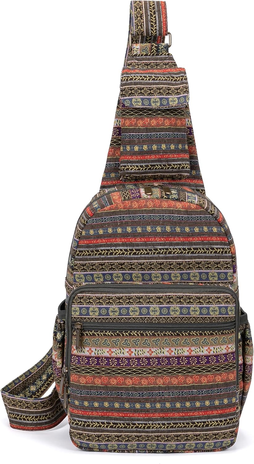 Coton Pose Women sling bag Elephant canvas large boho backpacks bohemian Crossbody Bag (green grey)