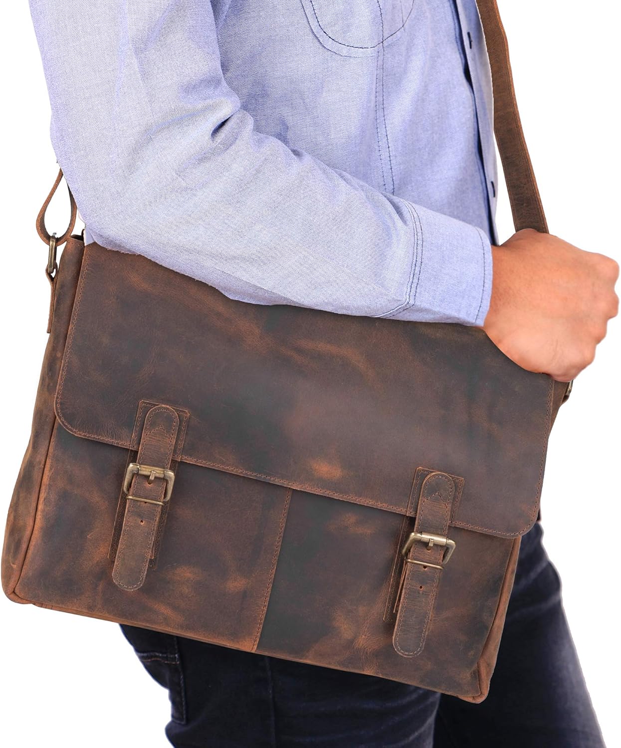 moonster Leather Messenger Bag for Men, Rustic Messenger Bag for Women – Handmade Full Grain Leather Bag for Men - Distressed Buffalo Leather – 16 Inch Laptop Bag with Padded Compartment Pockets
