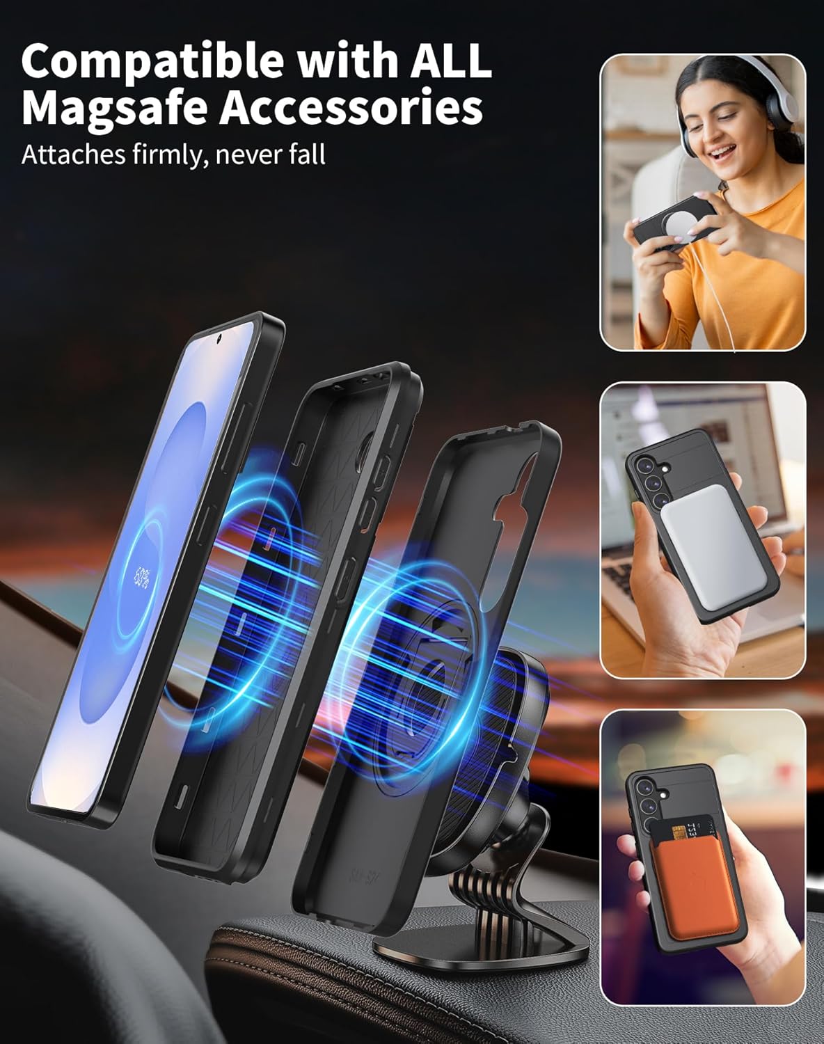 for Samsung Galaxy S25 Plus Case Magnetic Compatible with MagSafe Wireless Charging,with Screen Protector,for S25+Plus Case with Stand Ring Anti-Scratch Shockproof Heavy Duty Protection Black