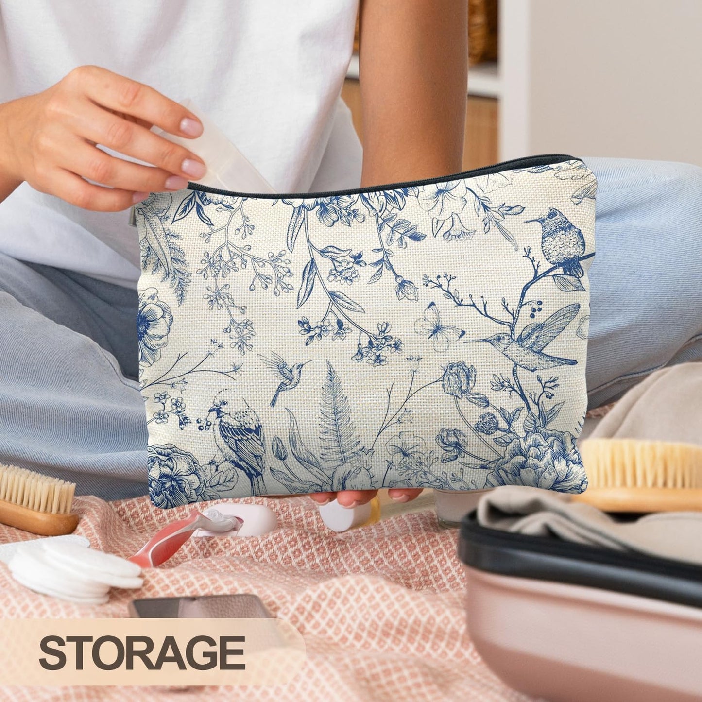 Chinoiserie Floral Makeup Bag, Chinoiserie Decor Cosmetic Bag Toiletry Bag for Women, Floral Bird Makeup Bag, Chinoiserie Makeup Pouch