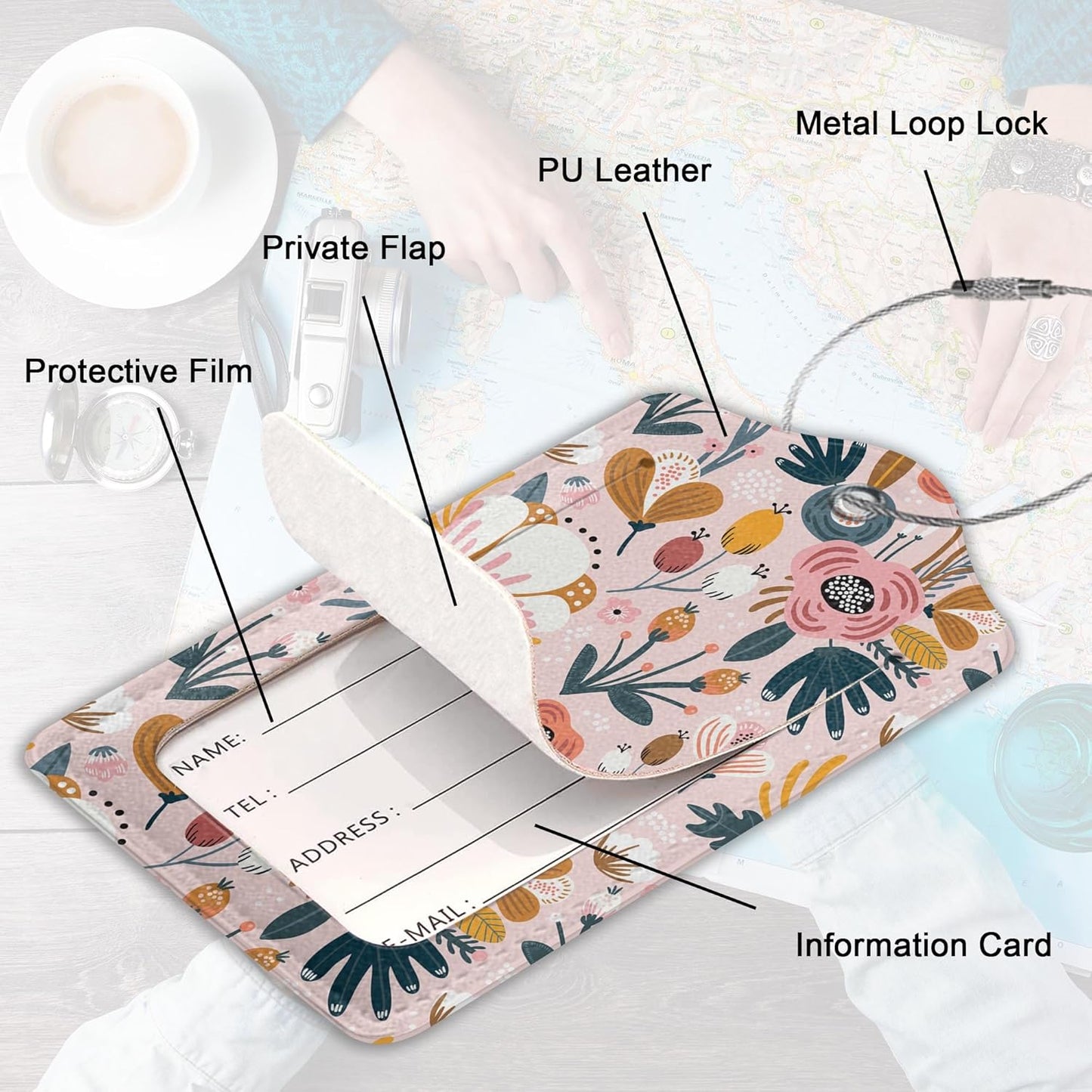 2Pcs Luggage Tag for Suitcase Boho Pink Flowers Cute Suitcase Tag with Privacy Flap & Name ID Label & Metal Loop,Travel Bag Luggage Tags for Women