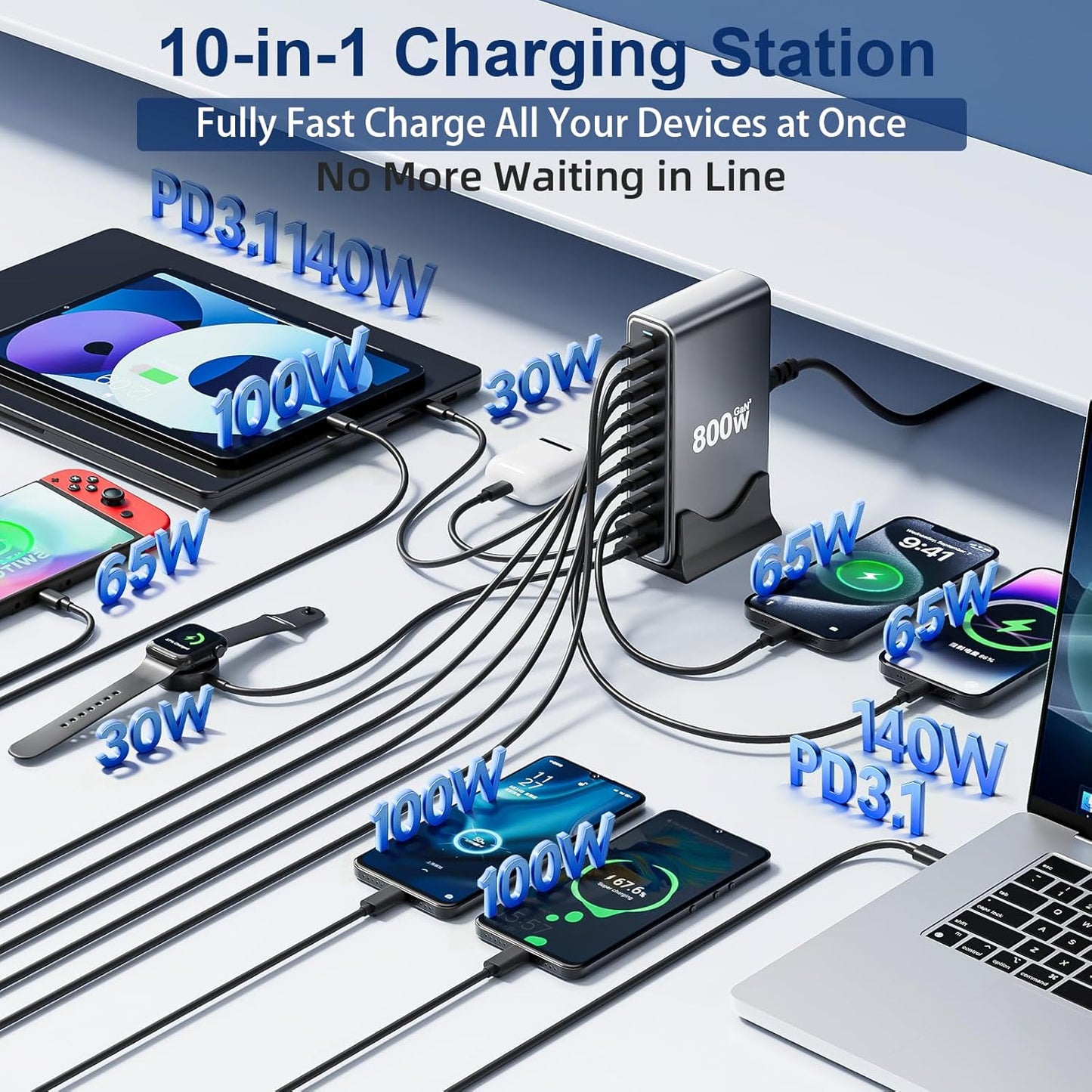 800W USB C Fast Charger Block, 10 Port USB Charging Station, GaN Ⅲ Pro Double 140W PD PPS Port Fast Charging Station for Multiple Devices,Laptop Wall Charger Compatible with iPhone 17/iPad/MacBook etc