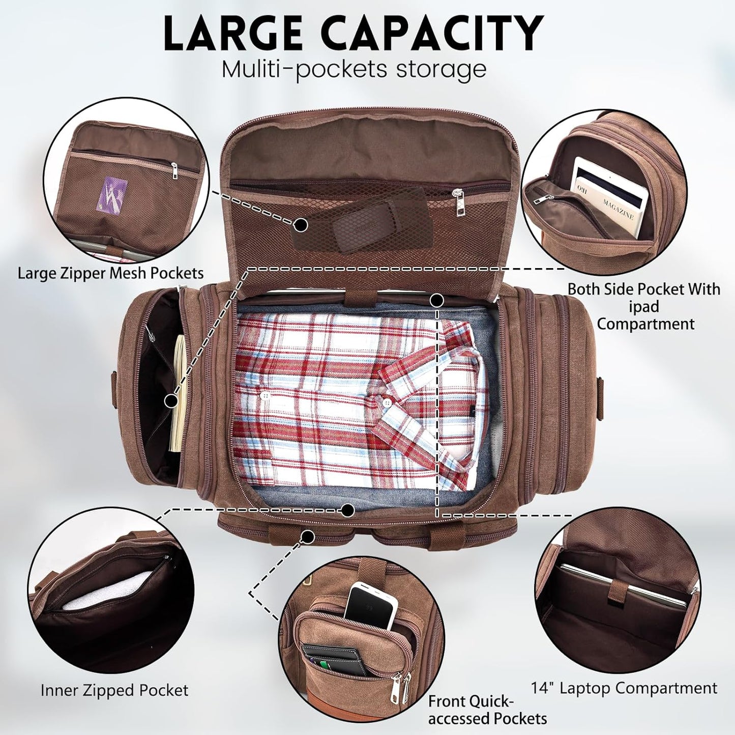 Canvas Duffle Bag For Travel, 50L Expandable Carry on Overnight Travel Duffel Bags with Laptop Compartments Weekend Gym Bag for Men(Coffee)