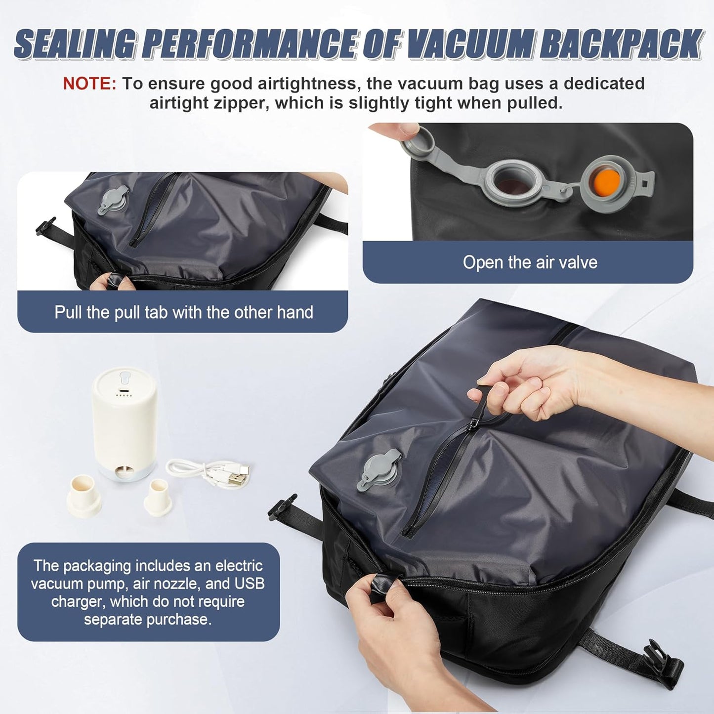 Vacuum Backpack Travel with pump,Large Travel Backpack with Vacuum Seal System,Personal Item Travel Bag Frontier Airlines Approved 18x14x8,Mochila Compresion al Vacio,Laptop Backpacks,Black