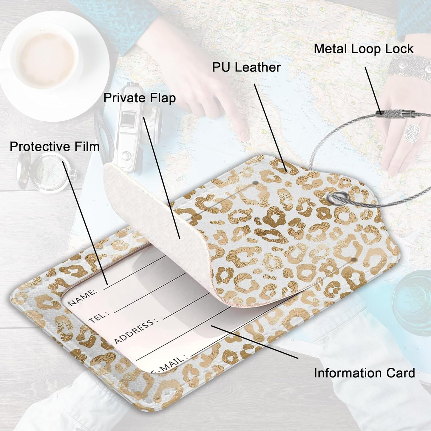 Luggage Tag for Suitcase,White Leopard Print Unique Travel Tags with Privacy Cover ID Label & Stainless Steel Loop for Men Women
