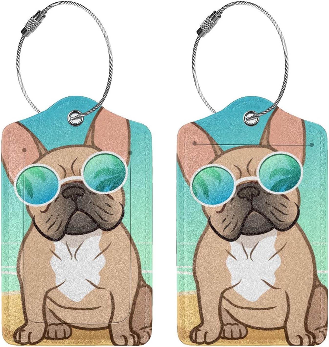 Cute French Bull Dog 2 Pcs Luggage Tags, Privacy Cover Id Label with Stainless Steel Loop and Address Card for Suitcases & Travel Bags