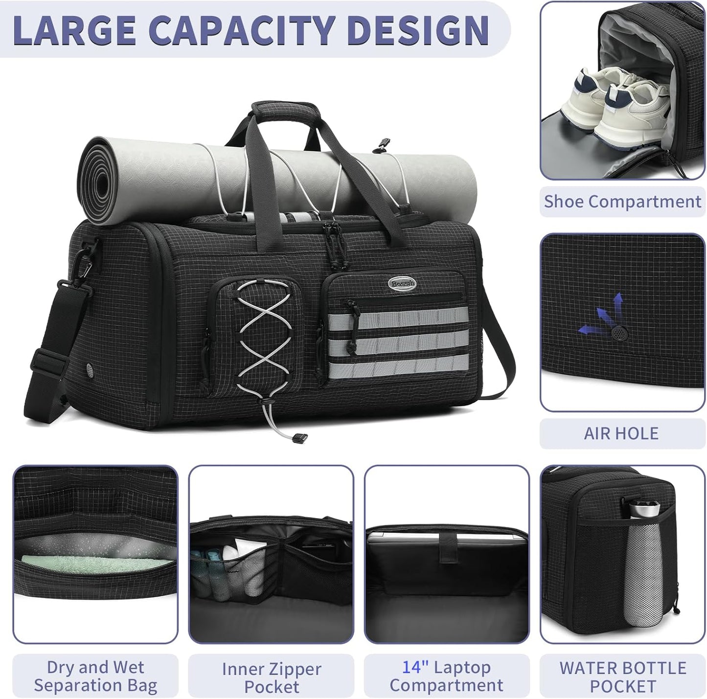 Bosstin Gym Bag for Men & Women,45L Travel Duffle Sports Duffel Bag Gym Weekender Overnight