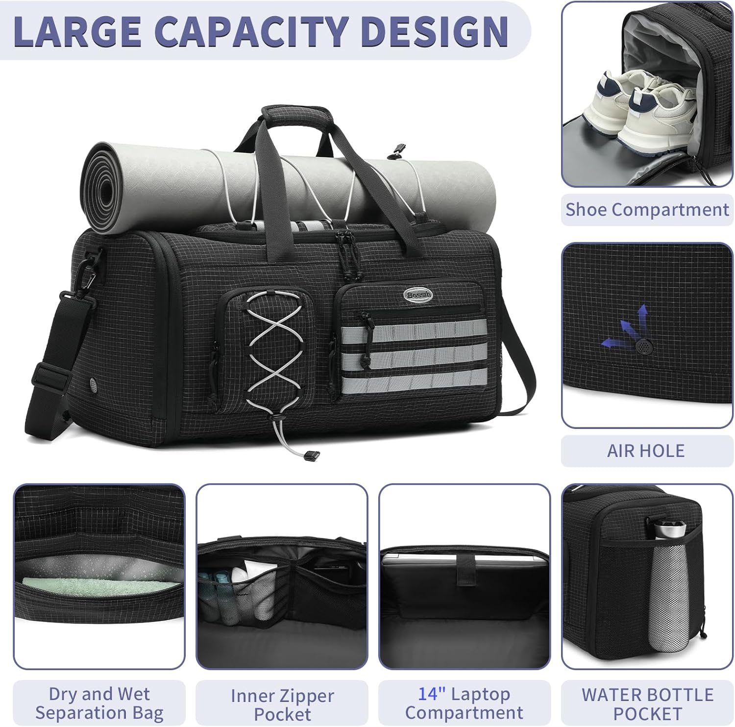 Bosstin Gym Bag for Men & Women,45L Travel Duffle Sports Duffel Bag Gym Weekender Overnight