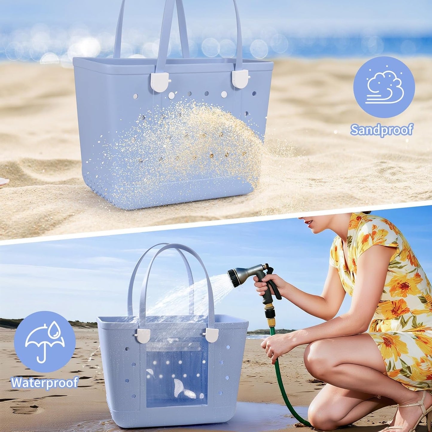 Rubber Beach Bag, Washable Moisture Resistant Durable Open Hole Tote Bag Beach Vacation Essentials