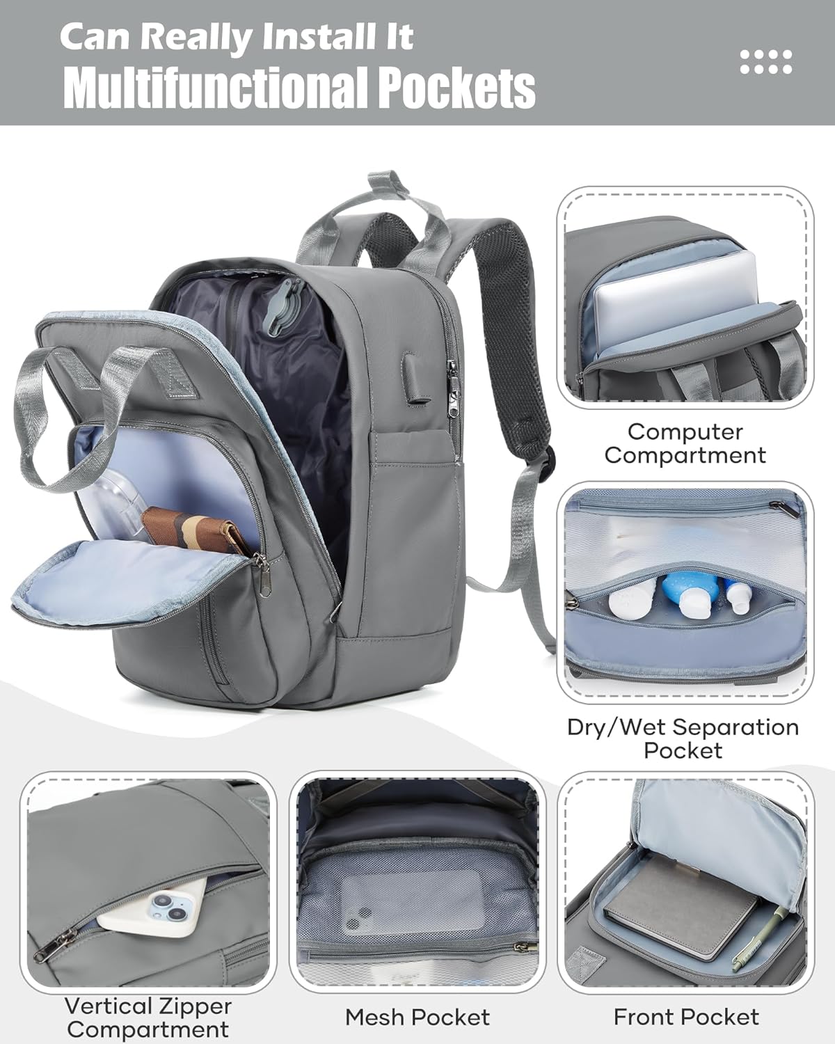 Vacuum Travel Backpack with Pump,Personal Item Carry on Backpacks Flight Approved 18x14x8 inches Women,Laptop Waterproof Work Compression bags hiking Casual Daypack Grey