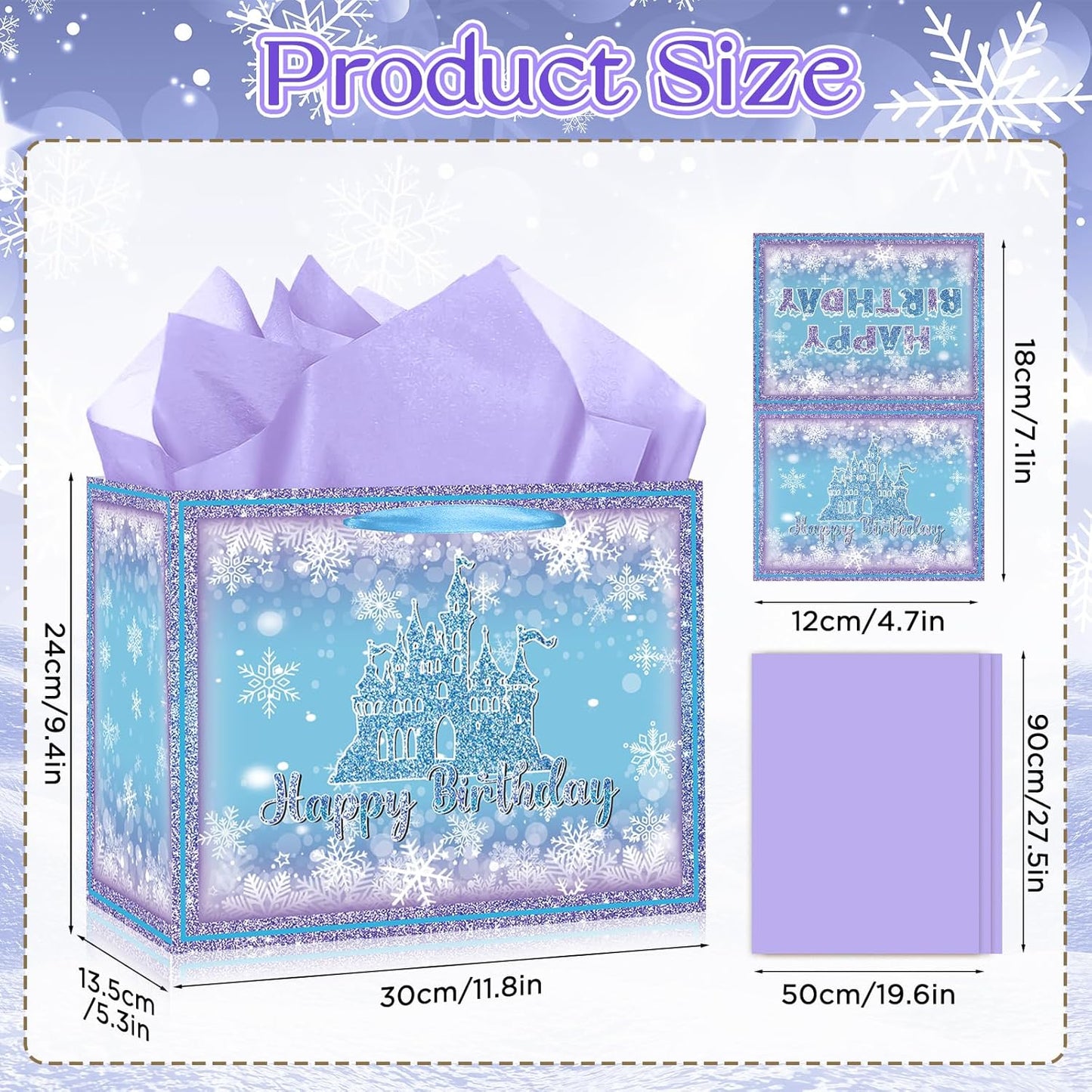 Frozen Birthday Gift Bag with Greeting Card and Tissue Paper Large Snowflake Castle Party Favor Bags Frozen Birthday Wrapping Paper Bags Treat Candy Bags with Handle for Bday Christmas Winter Gift