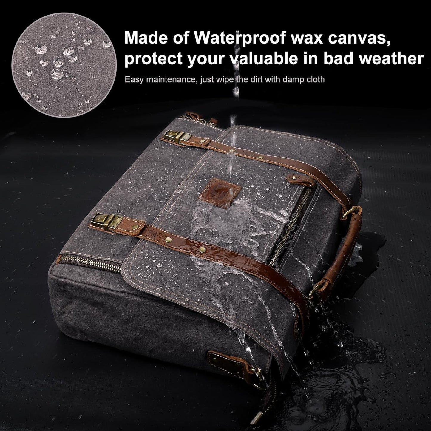 Manificent Laptop Messenger bag for Mens 15.6 Inch, Waterproof Vintage Genuine Leather Mens Briefcase shoulder bag 16 Storage Pockets, Waxed Canvas Leather Computer Business Satchel Work Bag (Gray)