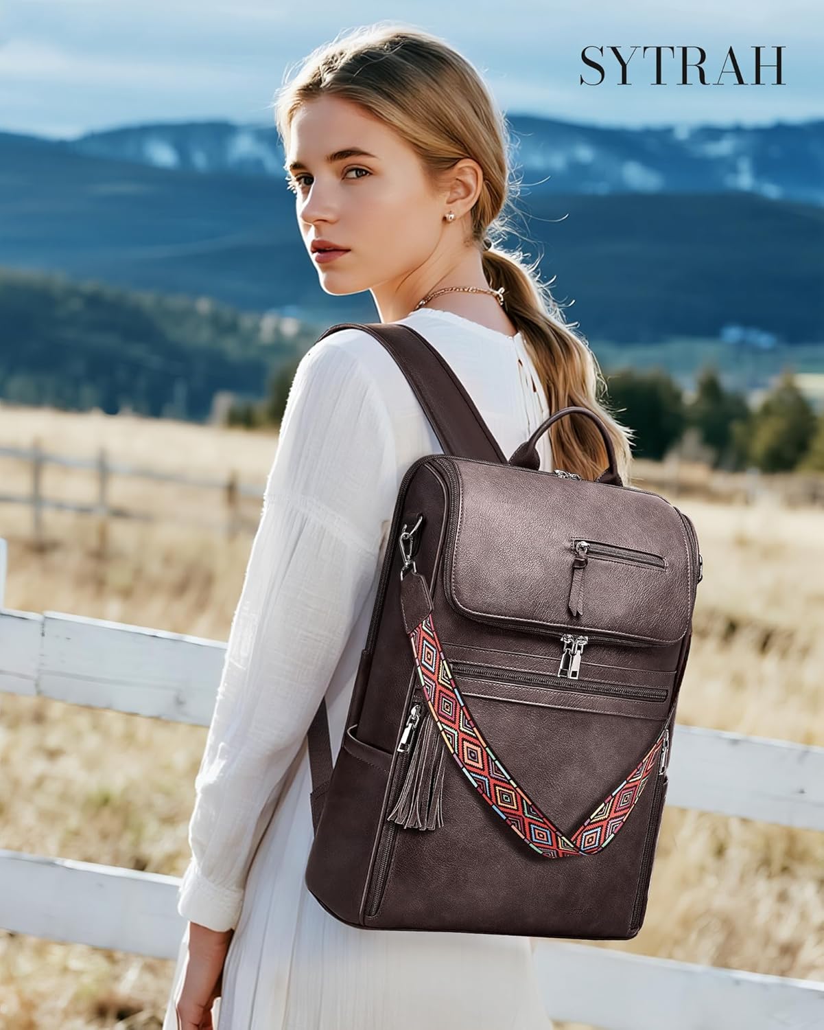 Leather Laptop Backpack for Women Designer Laptop Bag, 16.5 inch Travel Computer Backpacks Purse with Tassel for Work Business with Satchel Purse Dark Coffee
